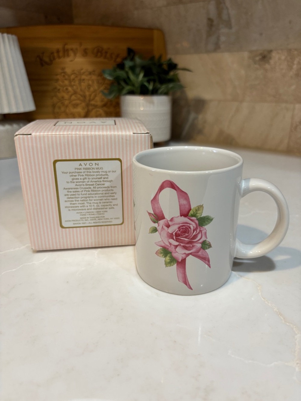 Avon 1997 Vintage Pink Ribbon Breast Cancer Mug White 10 Oz
